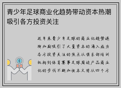 青少年足球商业化趋势带动资本热潮吸引各方投资关注 青少年足球商业化趋势带动资本热潮吸引各方投资关注
